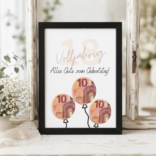 Geldgeschenk zum 18. Geburtstag als Printable mit Luftballons, ausgeschnittenen Feldern für Geldscheine, modernem Design zur Volljährigkeit in DIN A4