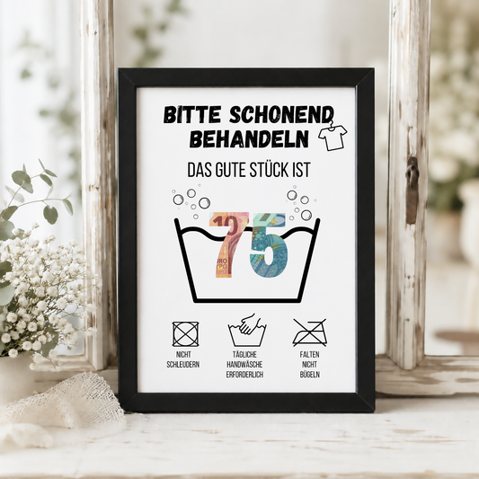 Geldgeschenk zum 75. Geburtstag Waschanleitung mit Euro-Scheinen in der Waschwanne und lustigen Pflegesymbolen, digitaler Download als DIN A4 Printable.