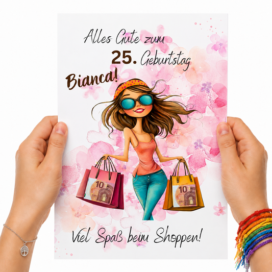 Personalisiertes Geldgeschenk zum Geburtstag als Printable PDF mit Shopping Motiv, Mädchen mit Einkaufstaschen, rosa Aquarell Hintergrund, Name und Alter individuell anpassbar, DIN A4 Digital Download zum Ausdrucken