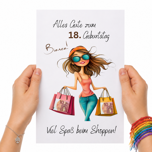 Personalisiertes Geldgeschenk zum 18 Geburtstag mit Shopping Motiv, Mädchen mit Einkaufstaschen, Printable PDF zum Ausdrucken und Ausschneiden für Geldscheine