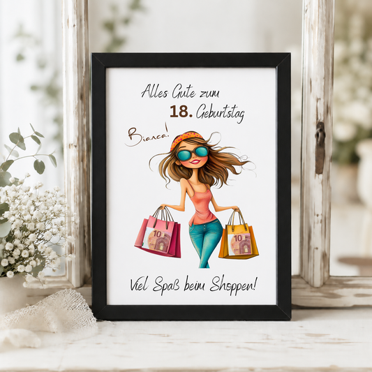 Personalisiertes Geldgeschenk zum 18 Geburtstag mit Shopping Motiv, Mädchen mit Einkaufstaschen, Printable PDF zum Ausdrucken und Ausschneiden für Geldscheine