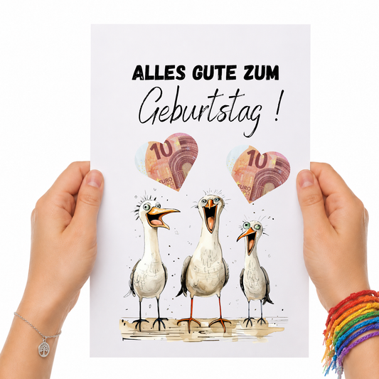 Lustiges Geldgeschenk zum Geburtstag mit drei witzigen Möwen und ausschneidbaren Herzfeldern für Geldscheine als Digital Download im DIN A4 Format zum Ausdrucken