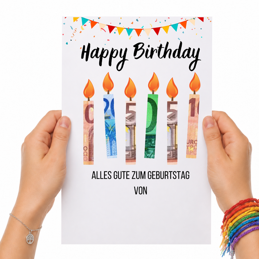 Geldgeschenk Geburtstag Printable mit Happy Birthday Schriftzug, bunten Geburtstagskerzen aus Geldscheinen, Girlande und Konfetti als Digital Download zum Ausdrucken im DIN A4 Format