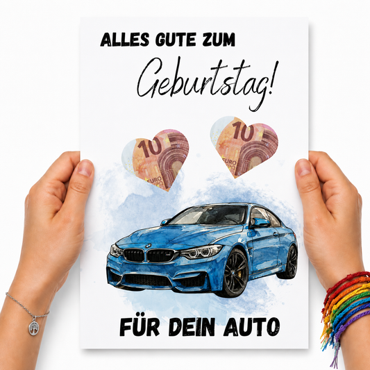 Geldgeschenk Geburtstag Auto Printable mit blauem Sportwagen im Aquarellstil, Herzfeldern für Geldscheine und Schriftzug Alles Gute zum Geburtstag, Digital Download DIN A4