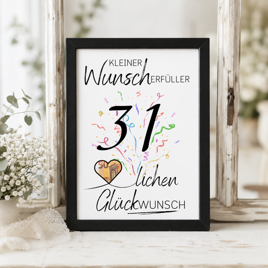 Geldgeschenk 31. Geburtstag Printable mit Konfetti, großer Zahl 31, Herz für Geldschein und Schriftzug Kleiner Wunscherfüller Glückwunsch als PDF Download