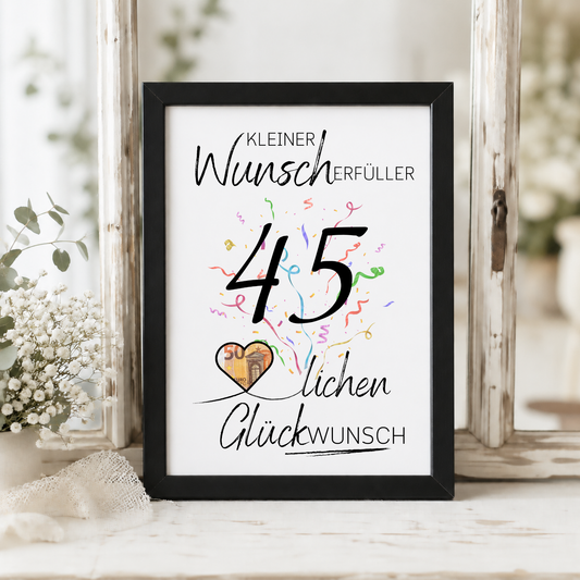 Geldgeschenk 45. Geburtstag Printable mit Konfetti, Schriftzug Kleiner Wunscherfüller, Herz für Geldschein und modernem Geburtstagsdesign zum Ausdrucken