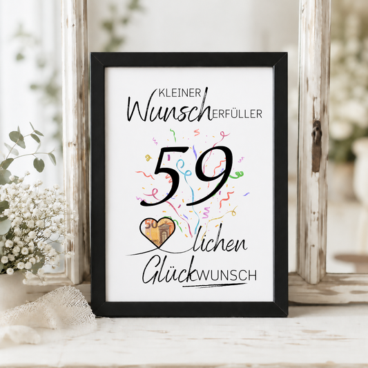 Geldgeschenk 59. Geburtstag Printable mit Konfetti, Herz für Geldschein, Schriftzug Kleiner Wunscherfüller und modernem Handlettering Design als Digital Download zum Ausdrucken