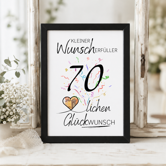 Geldgeschenk 70. Geburtstag Printable mit schwarzer Zahl 70, buntem Konfetti, Herz für Geldschein und Schriftzug Kleiner Wunscherfüller Glückwunsch als Digital Download