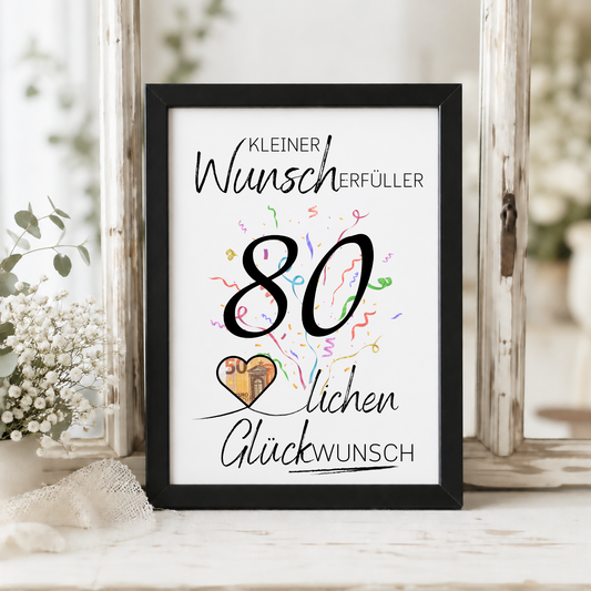 Geldgeschenk 80. Geburtstag Printable mit Konfetti, großer Zahl 80, Schriftzug Kleiner Wunscherfüller und Herz für Geldschein als Digital Download DIN A4