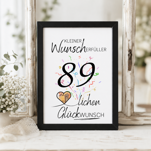Geldgeschenk 89 Geburtstag Printable mit Schriftzug Kleiner Wunscherfüller, großer Zahl 89, buntem Konfetti und Herz für Geldschein als Digital Download zum Ausdrucken