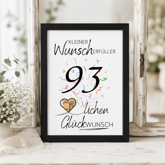 Geldgeschenk 93. Geburtstag Printable mit Konfetti, großer Zahl 93, Herz für Geldschein, Wunscherfüller Vorlage zum Ausschneiden und Ausdrucken DIN A4
