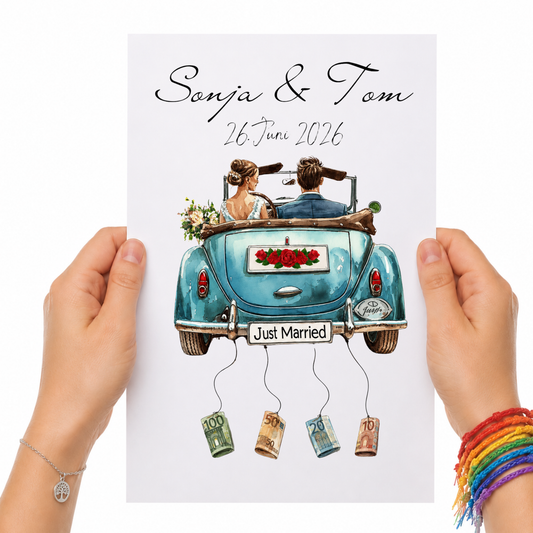Personalisiertes Hochzeit Geldgeschenk Poster mit Namen und Datum, Brautpaar im blauen Cabrio, Just Married Motiv, Geldscheine zum Anhängen, DIN A4 Printable Download