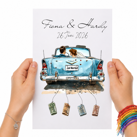 Personalisiertes Geldgeschenk Hochzeit mit Brautpaar im blauen Vintage Cabrio Just Married Poster zum Ausdrucken mit Namen und Datum als DIN A4 Printable