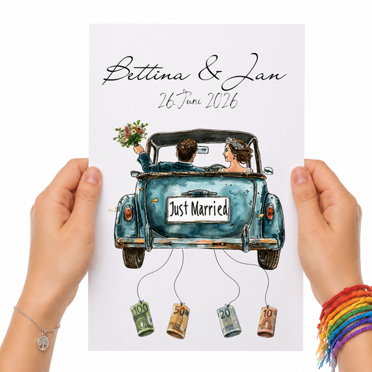 Personalisiertes Hochzeit Geldgeschenk Poster mit Brautpaar im Vintage Cabrio Oldtimer, Just Married Schild, Namen und Datum als DIN A4 Digital Download zum Ausdrucken und Einrahmen.