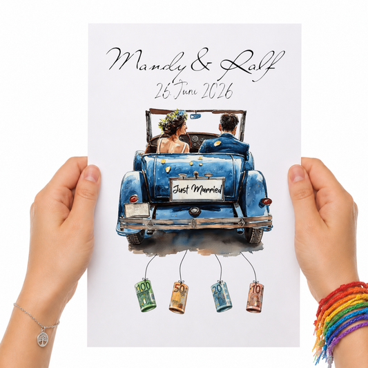 Personalisiertes Geldgeschenk zur Hochzeit mit Brautpaar im blauen Vintage Cabrio, Namen und Datum, Printable Poster DIN A4 zum Ausdrucken und Einrahmen
