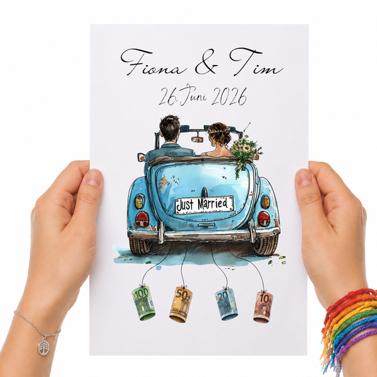 Personalisiertes Geldgeschenk zur Hochzeit mit Brautpaar im blauen Oldtimer Cabrio, Namen und Datum, Printable Poster DIN A4 zum Ausdrucken und Einrahmen.