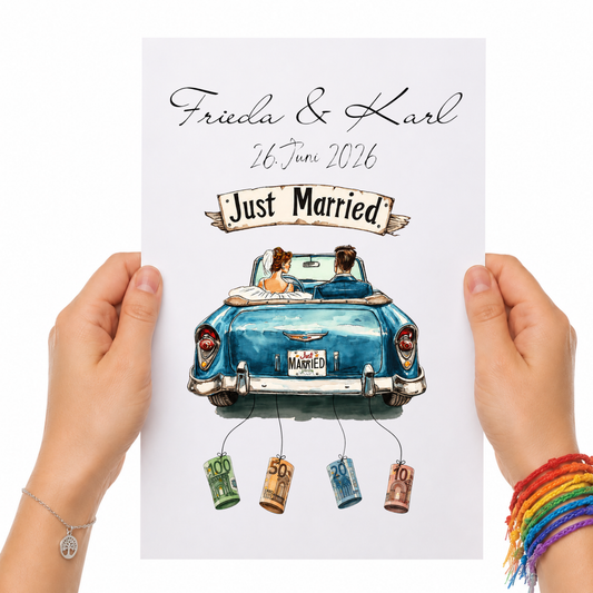Personalisiertes Geldgeschenk zur Hochzeit mit Brautpaar im blauen Oldtimer Cabrio, Just Married Schild, Namen und Datum als DIN A4 Poster zum Ausdrucken