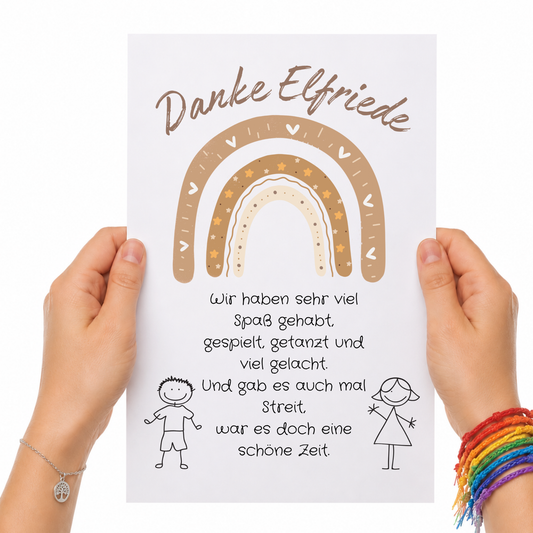 Personalisierbares Abschied Erzieherin Poster mit braunem Boho Regenbogen, liebevollem Dankespruch und Kinderzeichnungen als Printable Geschenk zum Kindergartenabschied