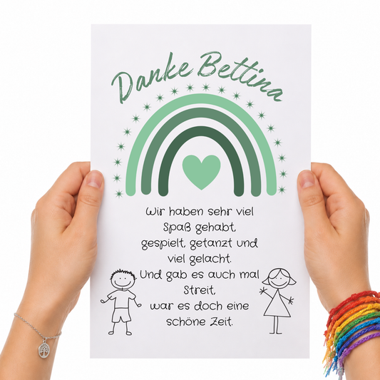 Personalisiertes Abschied Erzieherin Poster mit grünem Regenbogen, Herz und Abschiedsspruch im Boho Stil als DIN A4 Printable zum Ausdrucken