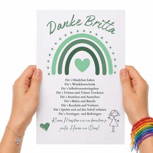 Personalisiertes Abschiedsgeschenk für Erzieherin im Kindergarten als DIN A4 Poster mit grünem Regenbogen, Herz und Dankespruch zum Ausdrucken und Einrahmen.