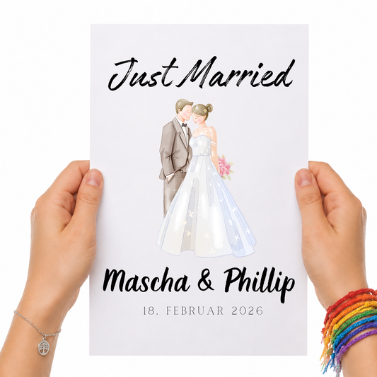 Personalisiertes Hochzeit Poster Just Married mit Brautpaar Illustration, Namen und Datum als Digital Download Printable in DIN A4 zum Ausdrucken und Einrahmen
