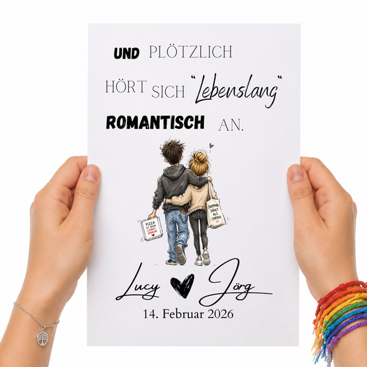 Personalisiertes Hochzeit Poster mit romantischem Spruch „Und plötzlich hört sich lebenslang romantisch an“, verliebtes Paar im Aquarellstil, Digital Download DIN A4 Printable