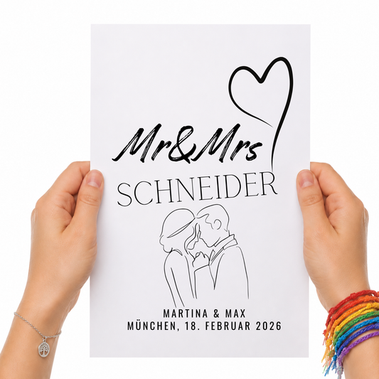 Personalisiertes Hochzeit Poster mit Brautpaar Skizze, Namen und Datum im minimalistischen Schwarz-Weiß Design als Digital Download zum Ausdrucken.