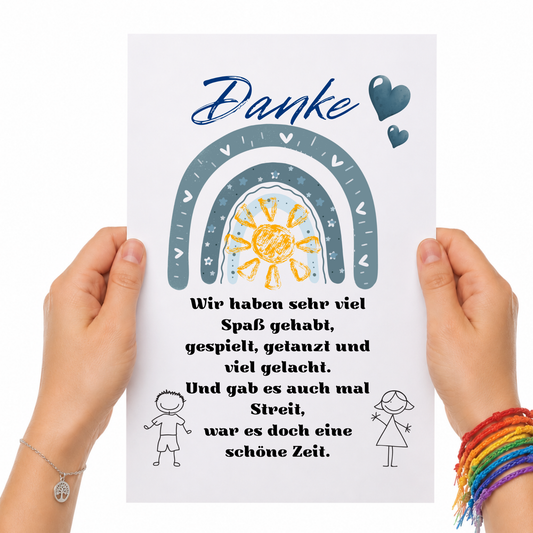 Abschied Erzieherin Poster als Digital Download mit Regenbogen, Sonne, Herzen und Dankespruch in Blau Grau für Kindergarten Abschied Geschenk zum Ausdrucken
