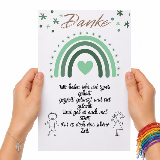 Abschied Erzieherin Poster als Digital Download mit grünem Regenbogen, Herzmotiv und Danke Spruch im Boho Stil für Kindergarten Abschied Geschenk DIN A4 Printable