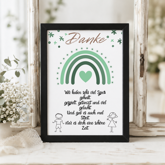 Abschied Erzieherin Poster als Digital Download mit grünem Regenbogen, Herzmotiv und Danke Spruch im Boho Stil für Kindergarten Abschied Geschenk DIN A4 Printable