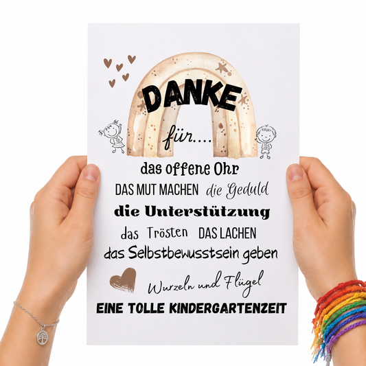 Abschied Erzieherin Poster mit Regenbogen im Boho Stil, Danke Kindergarten Printable als Digital Download zum Ausdrucken, Geschenkidee Kita Abschied DIN A4