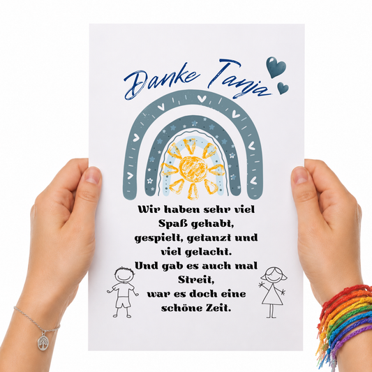 Personalisiertes Abschied Erzieherin Poster mit blauem Regenbogen, Sonne und Danke Schriftzug als Digital Download für Kindergarten und Kita