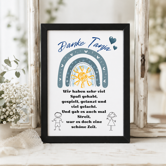 Personalisiertes Abschied Erzieherin Poster mit blauem Regenbogen, Sonne und Danke Schriftzug als Digital Download für Kindergarten und Kita