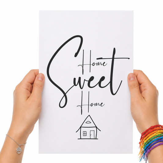 Poster Home Sweet Home Digital Download als Deko zum Einzug in das neue Eigenheim oder die erste eigene Wohnung, minimalistische Line-Art Haus-Zeichnung und Typografie in Schwarz-Weiß auf weißem Hintergrund, ausgedruckt in einem Holzrahmen gehalten.