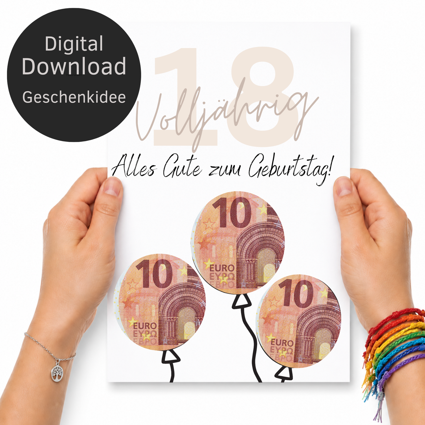 Geldgeschenk zum 18. Geburtstag als Printable mit Luftballons, ausgeschnittenen Feldern für Geldscheine, modernem Design zur Volljährigkeit in DIN A4