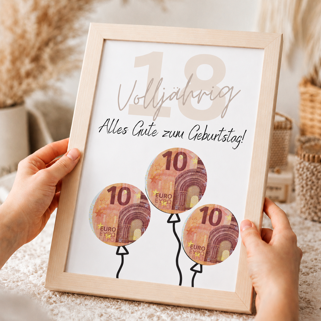 Geldgeschenk zum 18. Geburtstag als Printable mit Luftballons, ausgeschnittenen Feldern für Geldscheine, modernem Design zur Volljährigkeit in DIN A4