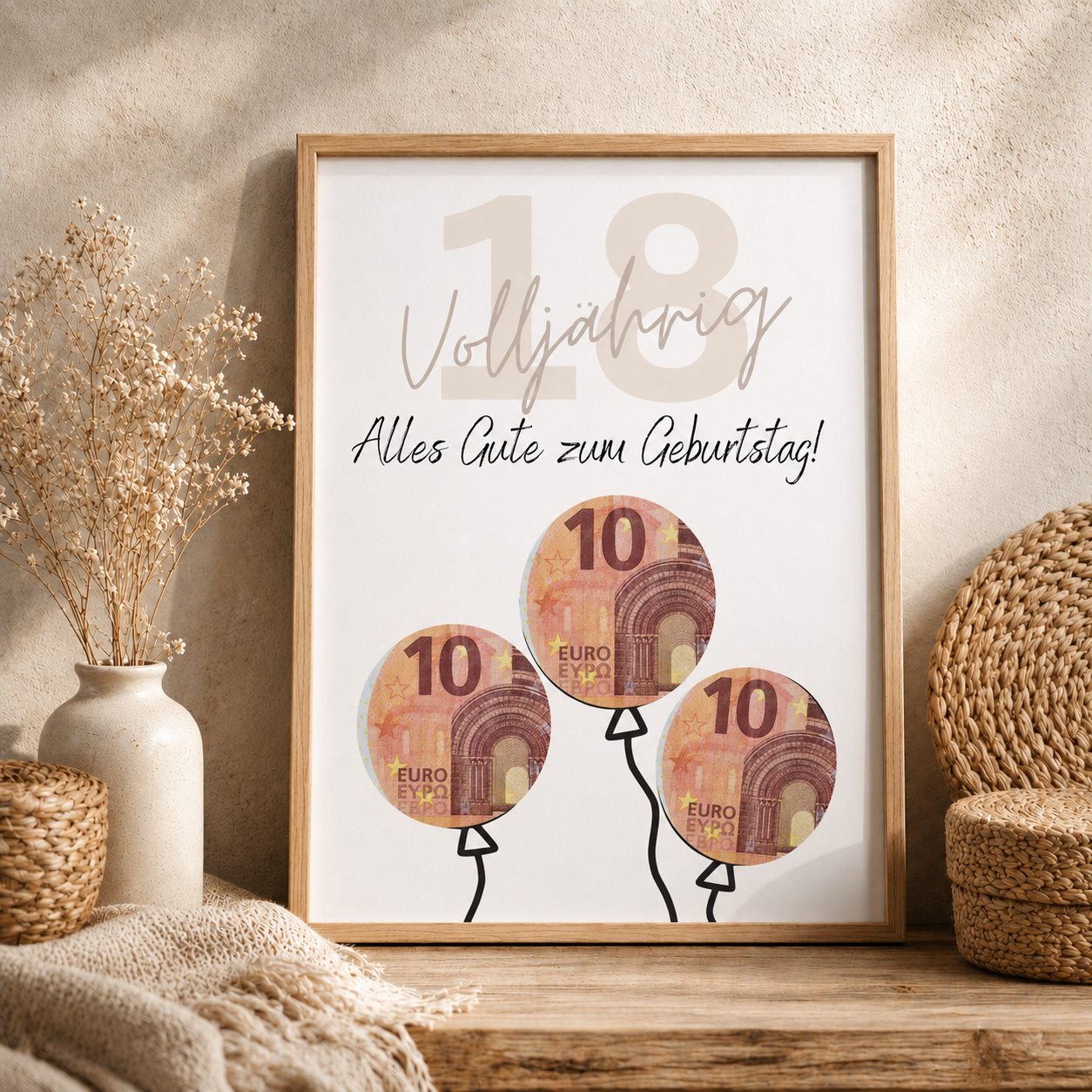 Geldgeschenk zum 18. Geburtstag als Printable mit Luftballons, ausgeschnittenen Feldern für Geldscheine, modernem Design zur Volljährigkeit in DIN A4