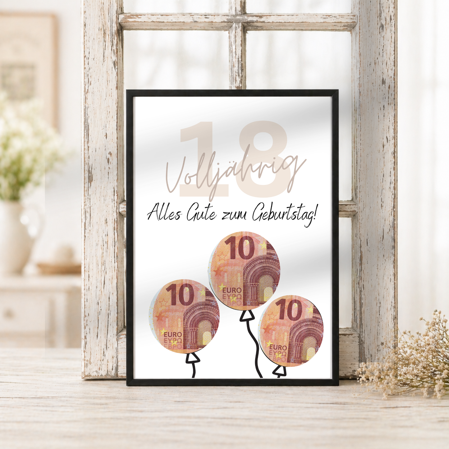Geldgeschenk zum 18. Geburtstag als Printable mit Luftballons, ausgeschnittenen Feldern für Geldscheine, modernem Design zur Volljährigkeit in DIN A4