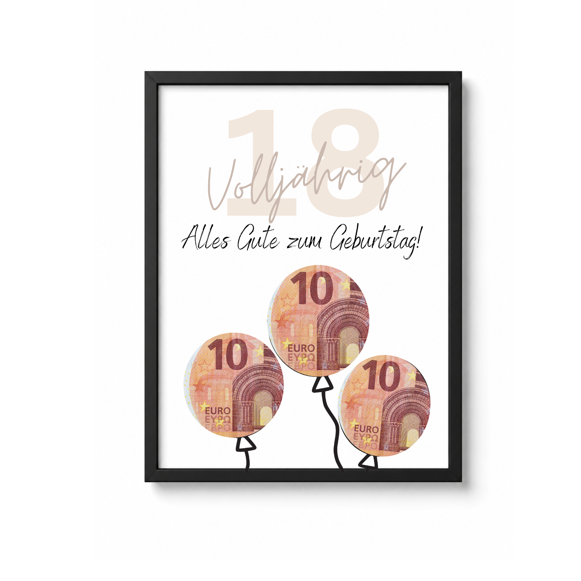 Geldgeschenk zum 18. Geburtstag als Printable mit Luftballons, ausgeschnittenen Feldern für Geldscheine, modernem Design zur Volljährigkeit in DIN A4