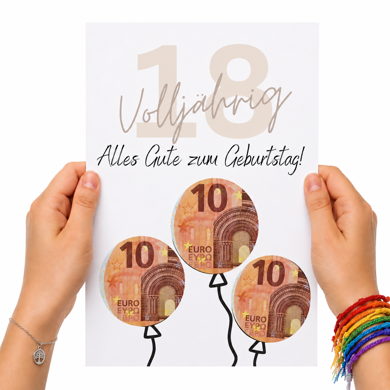 Geldgeschenk zum 18. Geburtstag als Printable mit Luftballons, ausgeschnittenen Feldern für Geldscheine, modernem Design zur Volljährigkeit in DIN A4
