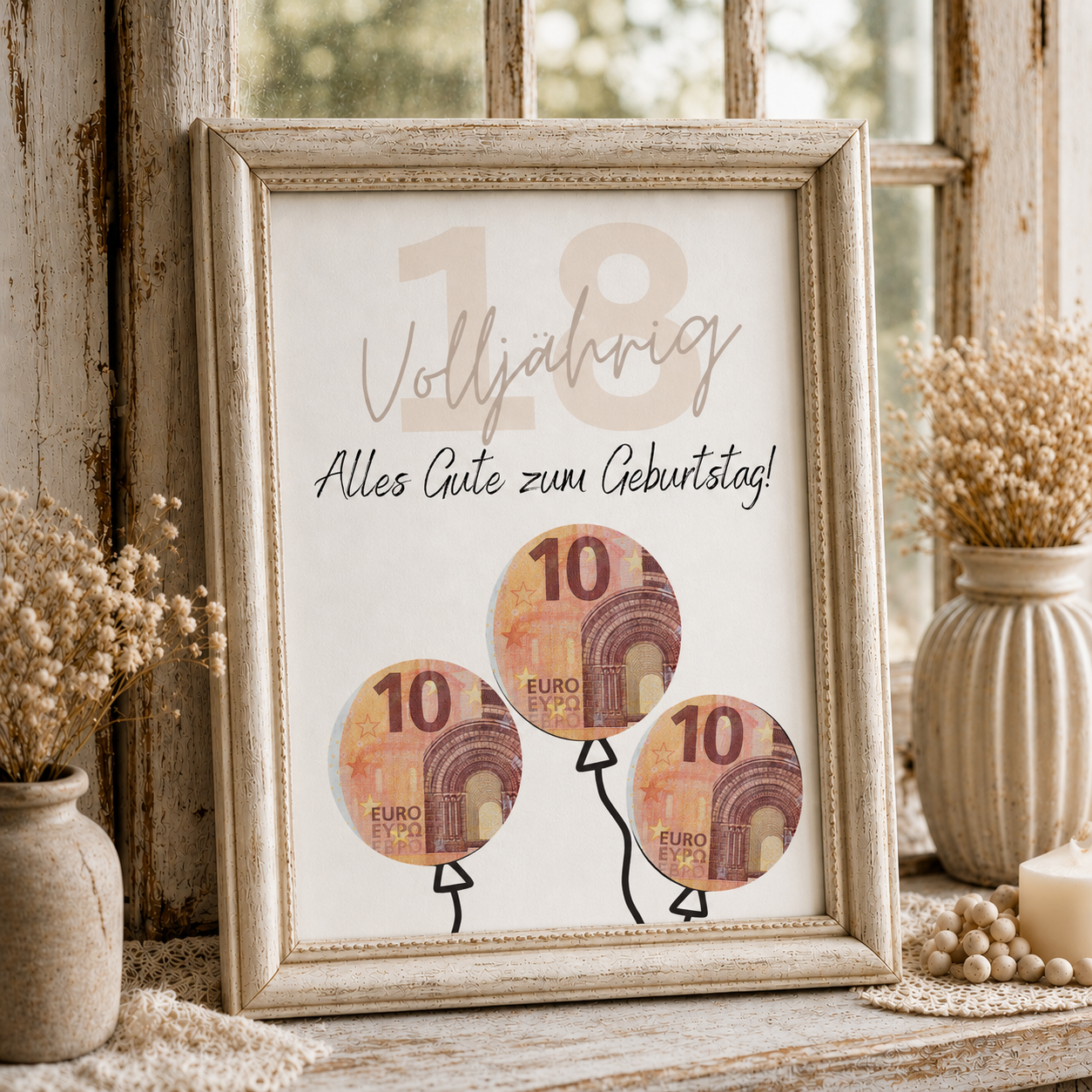 Geldgeschenk zum 18. Geburtstag als Printable mit Luftballons, ausgeschnittenen Feldern für Geldscheine, modernem Design zur Volljährigkeit in DIN A4