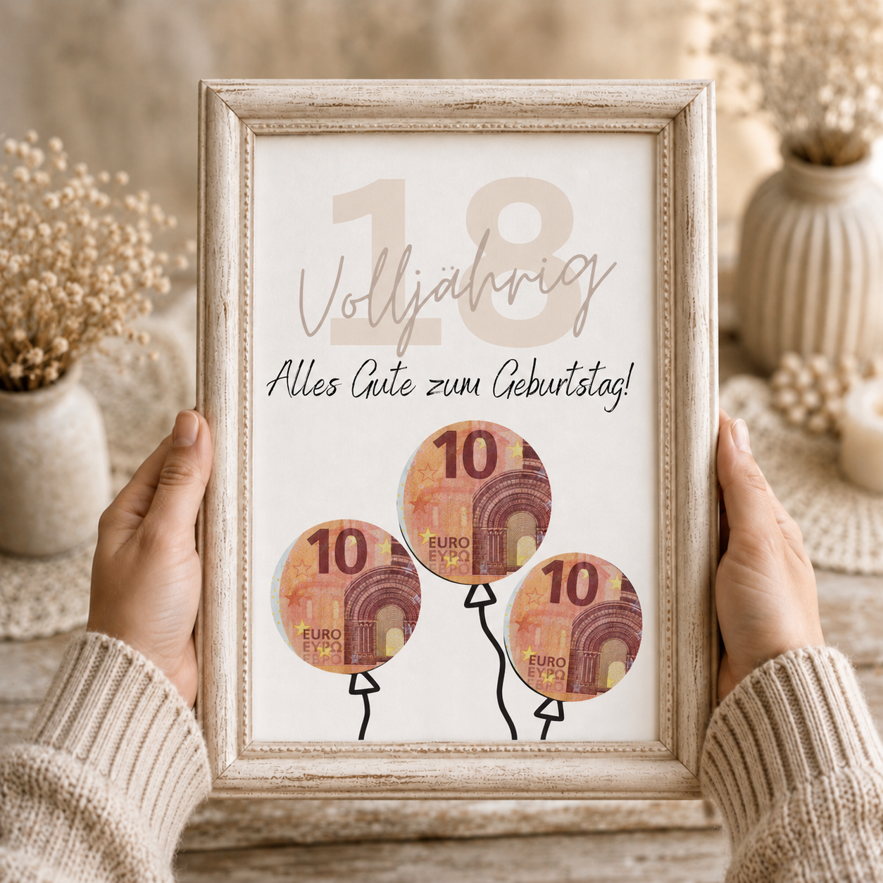 Geldgeschenk zum 18. Geburtstag als Printable mit Luftballons, ausgeschnittenen Feldern für Geldscheine, modernem Design zur Volljährigkeit in DIN A4