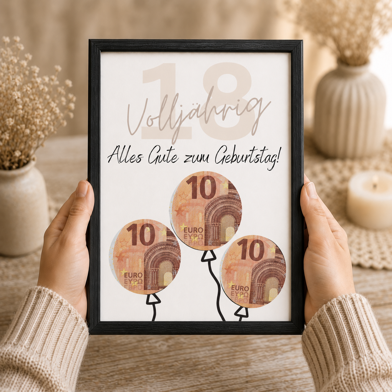 Geldgeschenk zum 18. Geburtstag als Printable mit Luftballons, ausgeschnittenen Feldern für Geldscheine, modernem Design zur Volljährigkeit in DIN A4