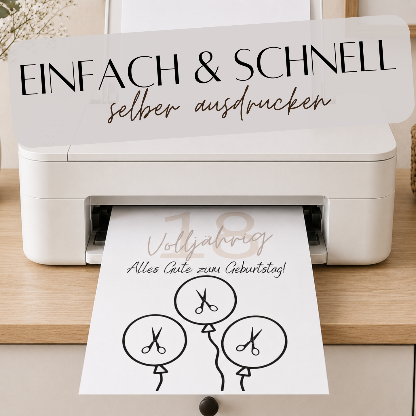 Geldgeschenk zum 18. Geburtstag als Printable mit Luftballons, ausgeschnittenen Feldern für Geldscheine, modernem Design zur Volljährigkeit in DIN A4