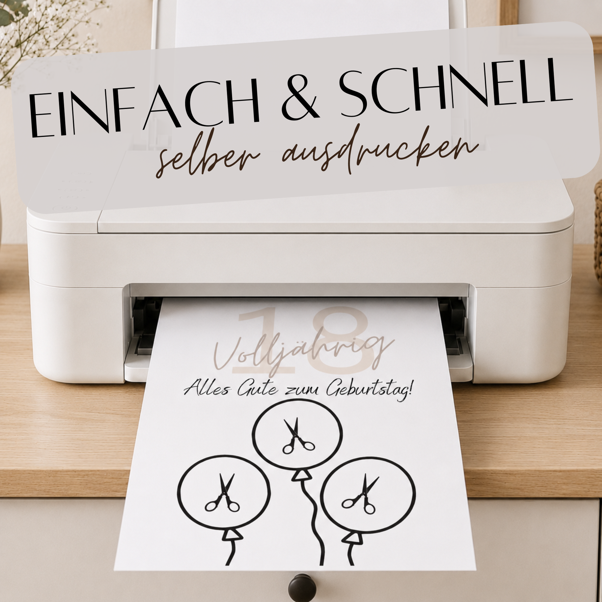 Geldgeschenk zum 18. Geburtstag als Printable mit Luftballons, ausgeschnittenen Feldern für Geldscheine, modernem Design zur Volljährigkeit in DIN A4