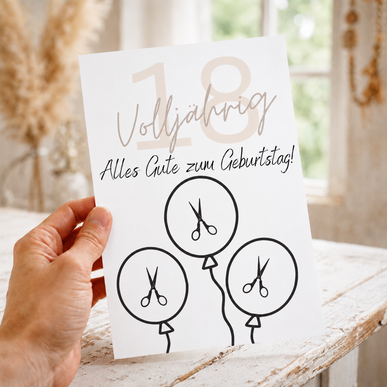 Geldgeschenk zum 18. Geburtstag als Printable mit Luftballons, ausgeschnittenen Feldern für Geldscheine, modernem Design zur Volljährigkeit in DIN A4