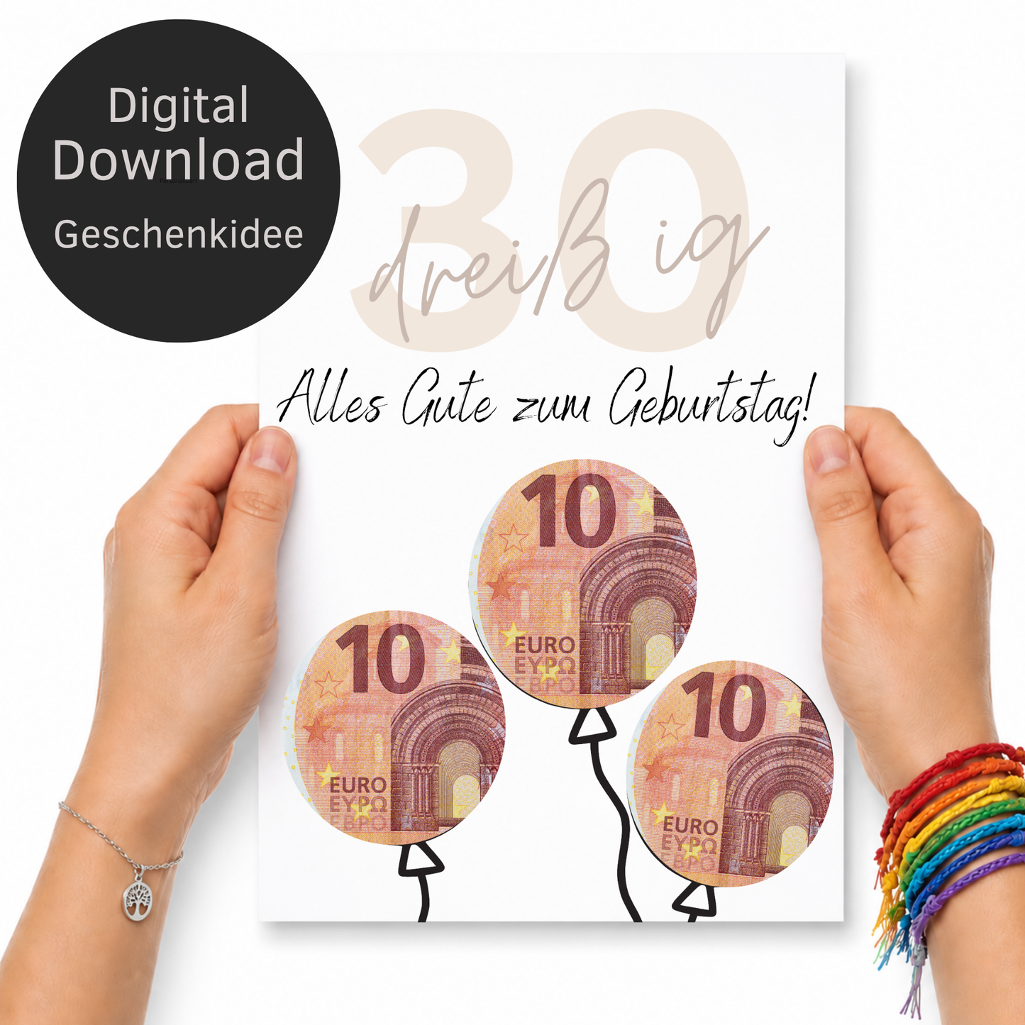 Geldgeschenk zum 30 Geburtstag als Printable mit Luftballons aus Geldscheinen, minimalistisches Geburtstagsdesign in Beige und Schwarz zum Ausschneiden und Ausdrucken