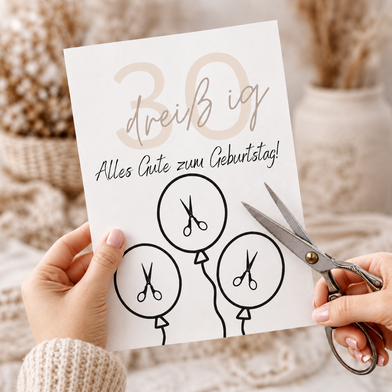 Geldgeschenk zum 30 Geburtstag als Printable mit Luftballons aus Geldscheinen, minimalistisches Geburtstagsdesign in Beige und Schwarz zum Ausschneiden und Ausdrucken