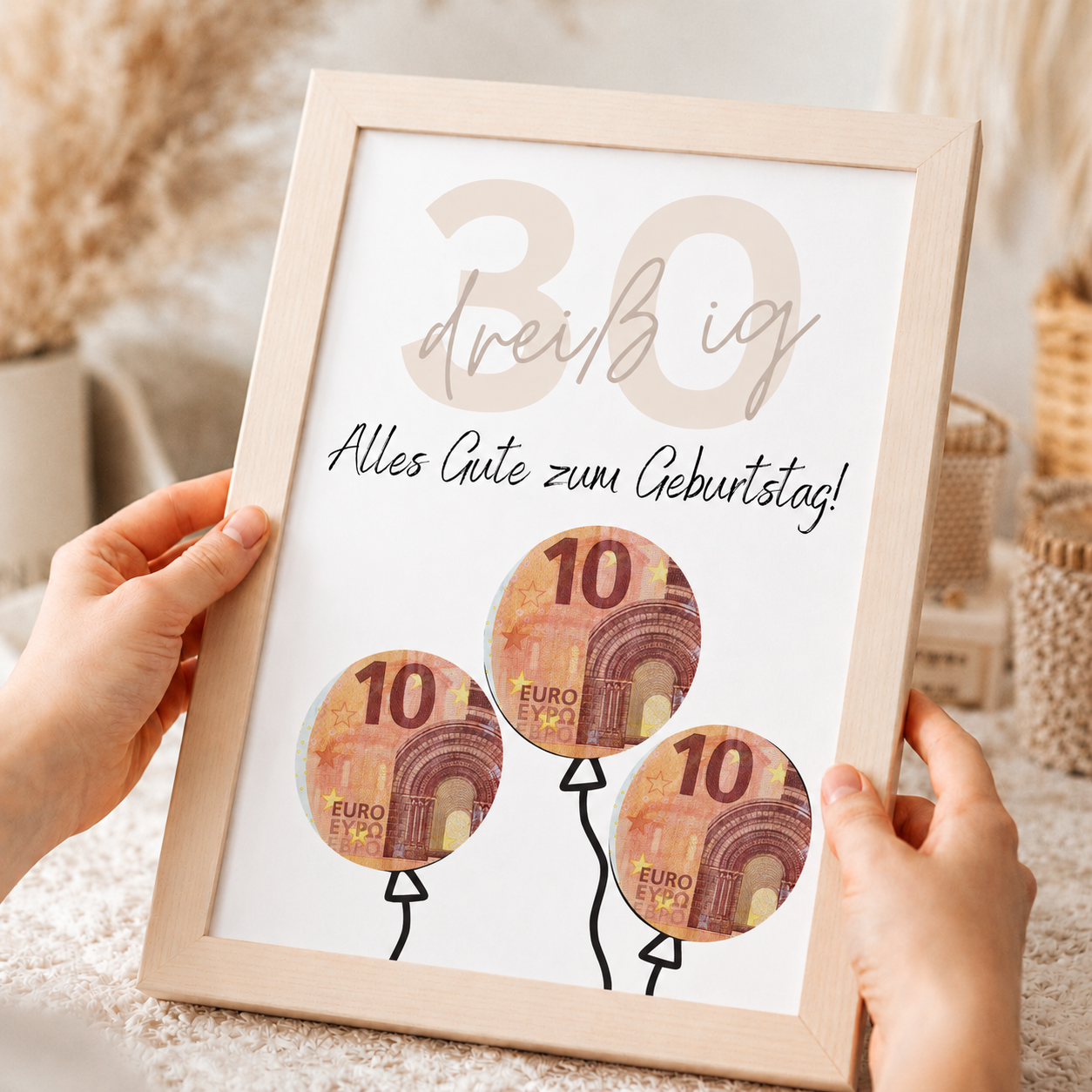 Geldgeschenk zum 30 Geburtstag als Printable mit Luftballons aus Geldscheinen, minimalistisches Geburtstagsdesign in Beige und Schwarz zum Ausschneiden und Ausdrucken