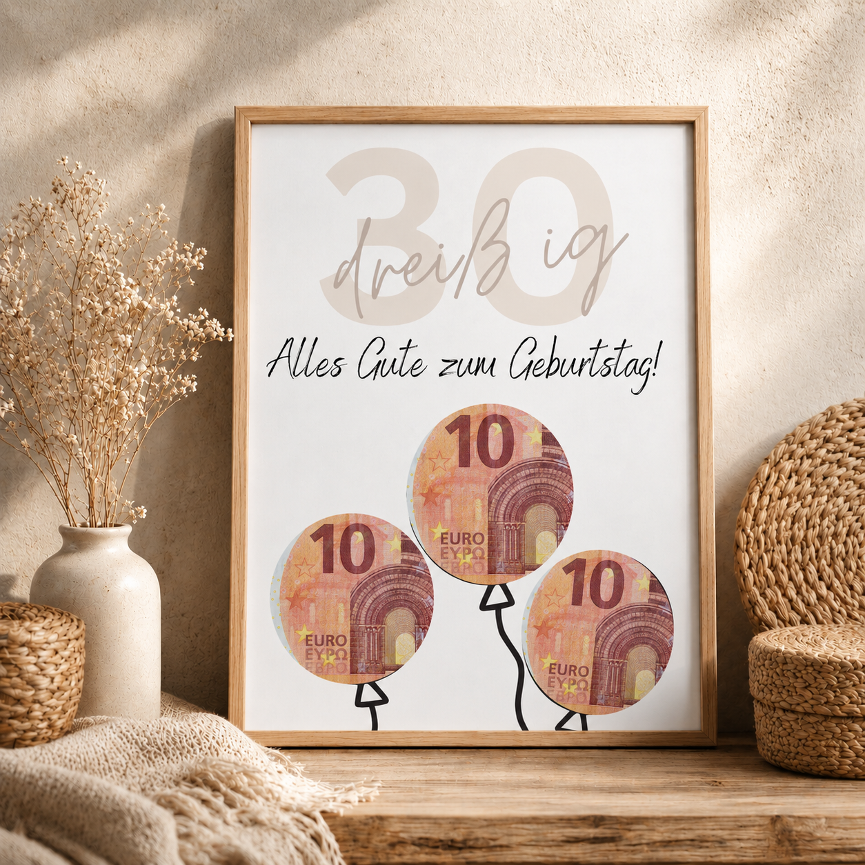 Geldgeschenk zum 30 Geburtstag als Printable mit Luftballons aus Geldscheinen, minimalistisches Geburtstagsdesign in Beige und Schwarz zum Ausschneiden und Ausdrucken